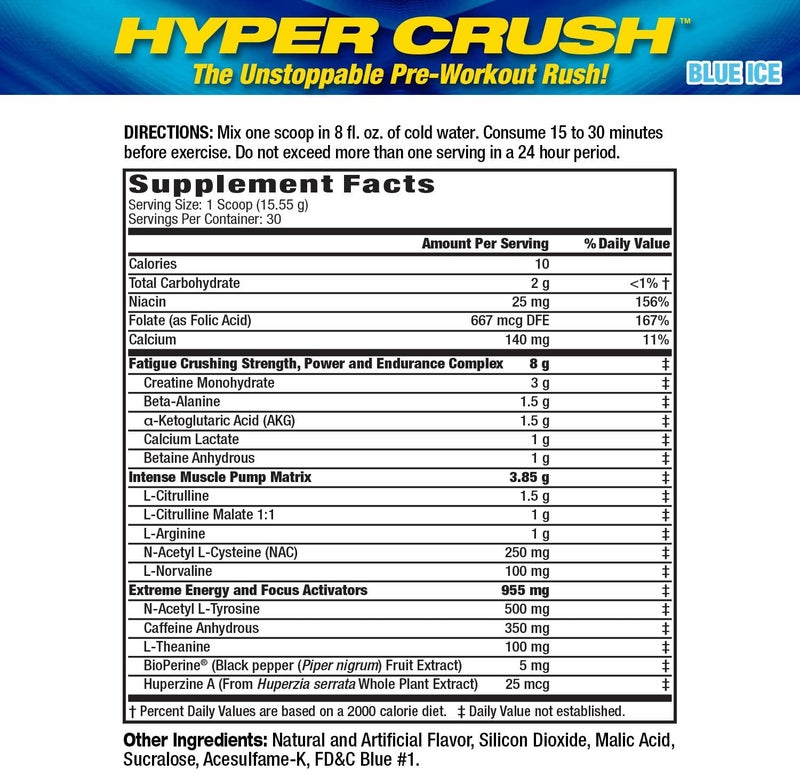 Maximum Human Performance MHP HYPER CRUSH Pre Workout energy drink creatine beta alanine nitric oxide pump citrulline AKG 30 Servings Blue Ice 1488 Ounce - Image 2