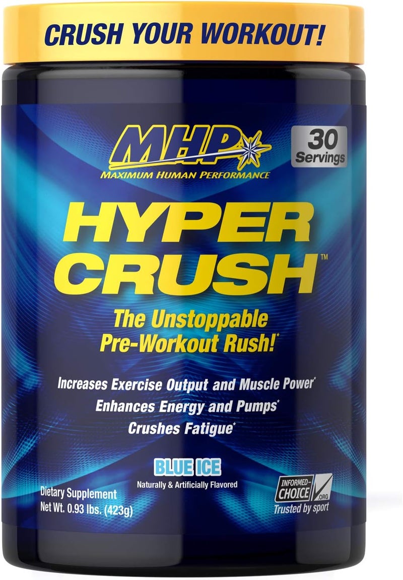 Maximum Human Performance MHP HYPER CRUSH Pre Workout energy drink creatine beta alanine nitric oxide pump citrulline AKG 30 Servings Blue Ice 1488 Ounce - Image 1