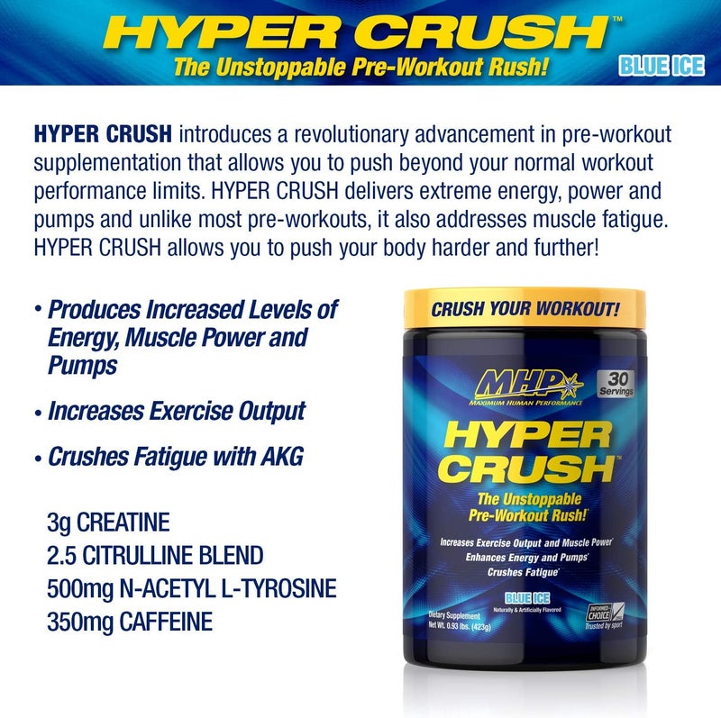 Maximum Human Performance MHP HYPER CRUSH Pre Workout energy drink creatine beta alanine nitric oxide pump citrulline AKG 30 Servings Blue Ice 1488 Ounce - Image 3