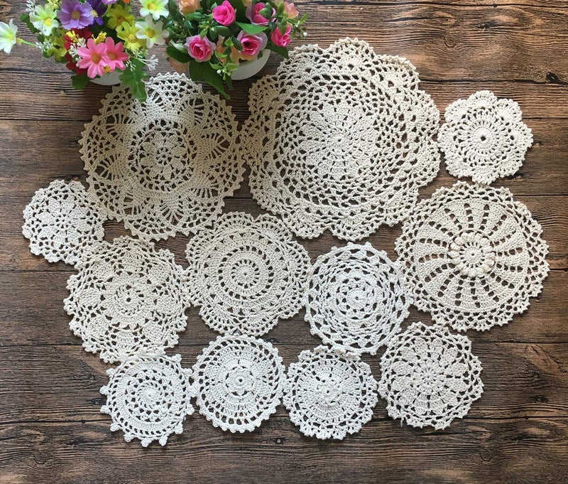 MINDPLUS Set of 12 Hand Crochet Doilies Cotton Crocheted Lace Doilies 410 Inches Round Beige 12pcs Beige