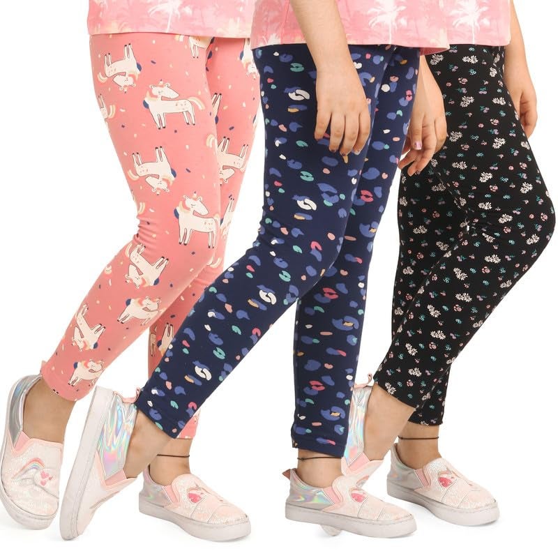 ARIEL Girls Cotton Printed Regular Fit Non-Transparent Ankle Length Leggings(AR-G-Leg-P3-45-(blFlo+BGE+bluPri)_010_Multicolor_4 Years - 5 Years) - Image 1