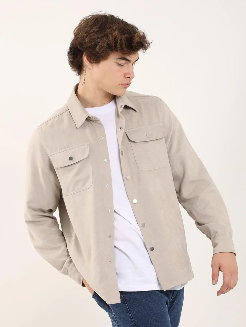 Dufy Beige Men's Regular Fit Brent Collar Long Sleeve Shirt