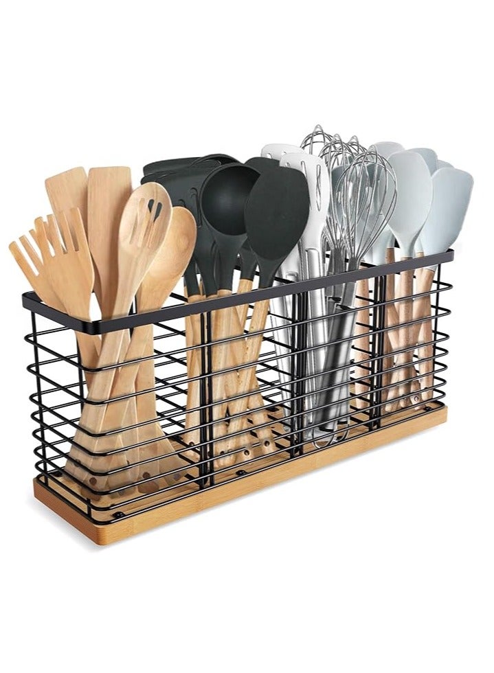 عربست حامل أدوات مطبخ كبير جدًا مزود بأربعة أقسام، حامل معدني أسود غير لامع مع قاعدة خشبية لطاولة المطبخ، لتخزين أدوات الطبخ الريفية، أدوات طبخ ريفية - Image 1