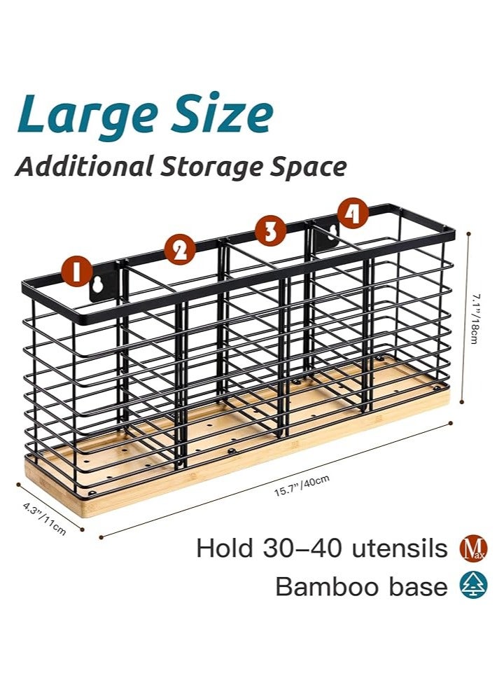عربست حامل أدوات مطبخ كبير جدًا مزود بأربعة أقسام، حامل معدني أسود غير لامع مع قاعدة خشبية لطاولة المطبخ، لتخزين أدوات الطبخ الريفية، أدوات طبخ ريفية - Image 2