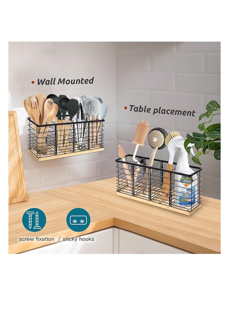 عربست حامل أدوات مطبخ كبير جدًا مزود بأربعة أقسام، حامل معدني أسود غير لامع مع قاعدة خشبية لطاولة المطبخ، لتخزين أدوات الطبخ الريفية، أدوات طبخ ريفية - Image 5