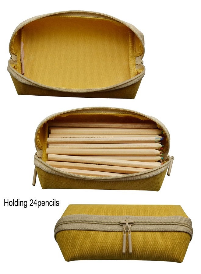 enyuwlcm Canvas Stationery Stylish Small Pencil Pouch and Slim Pencil Case with 2 Zippers 1 Pack Yellow - Image 4