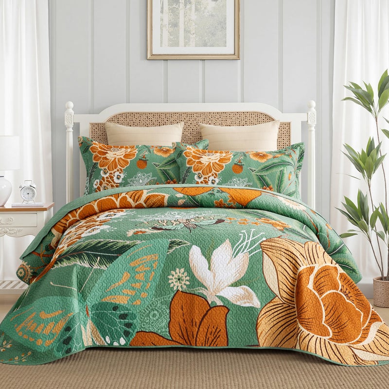 Tyrot 3 Piece Sage Green Boho Floral King Size Quilt Sets Farmhouse Botanical Reversible Lightweight Bedspread Coverlet with 2 Shams Butterfly Microfiber Bedding Quilts Set for All Season, 106''x96'' - Image 1