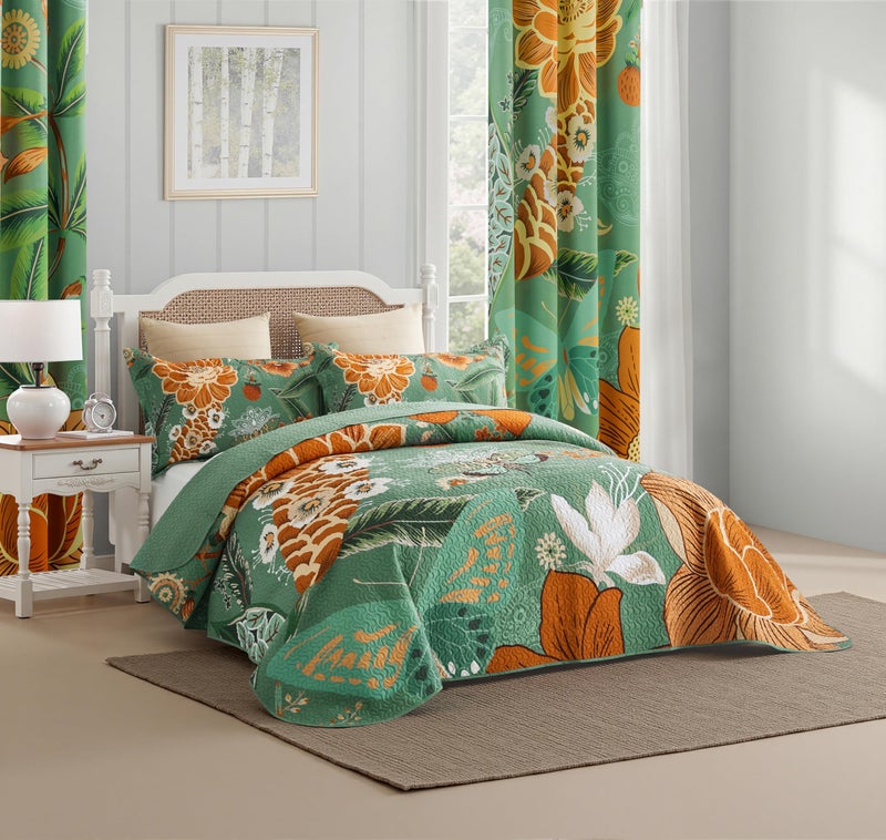 Tyrot 3 Piece Sage Green Boho Floral King Size Quilt Sets Farmhouse Botanical Reversible Lightweight Bedspread Coverlet with 2 Shams Butterfly Microfiber Bedding Quilts Set for All Season, 106''x96'' - Image 2