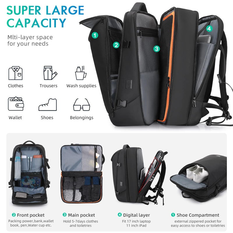 TANGCORLE Travel Carry on Backpack 50L Expandable Flight Approved Backpacks 17.3 inch Laptop and USB Charging Port bags Water Resistant Business Back Pack for Women & Men - Image 3