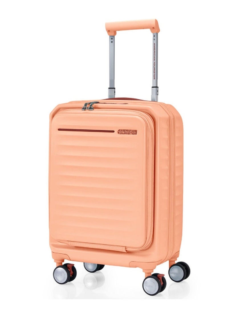 AMERICAN TOURISTER Frontec Suitcase, Cabin Size 54 cm / 20 inch, 4 Spinner Wheels, Hard Top, Polycarbonate, Apricot|Expandable|Book Opening|Front Laptop Compartment|2-in-1 Optimov™ + STEPause™ Shock Absorbing Wheels|TSA 008 Lock|DuoSaf™ Security Zipper|USB Port - 3 Years International Warranty - Image 2