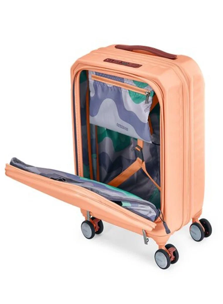 American Tourister  Frontec Suitcase, Cabin Size 54 cm / 20 inch, 4 Spinner Wheels, Hard Top, Polycarbonate, Apricot|Expandable|Book Opening|Front Laptop Compartment|2-in-1 Optimov™ + STEPause™ Shock Absorbing Wheels|TSA 008 Lock|DuoSaf™ Security Zipper|USB Port - 3 Years International Warranty  | Best Price UAE