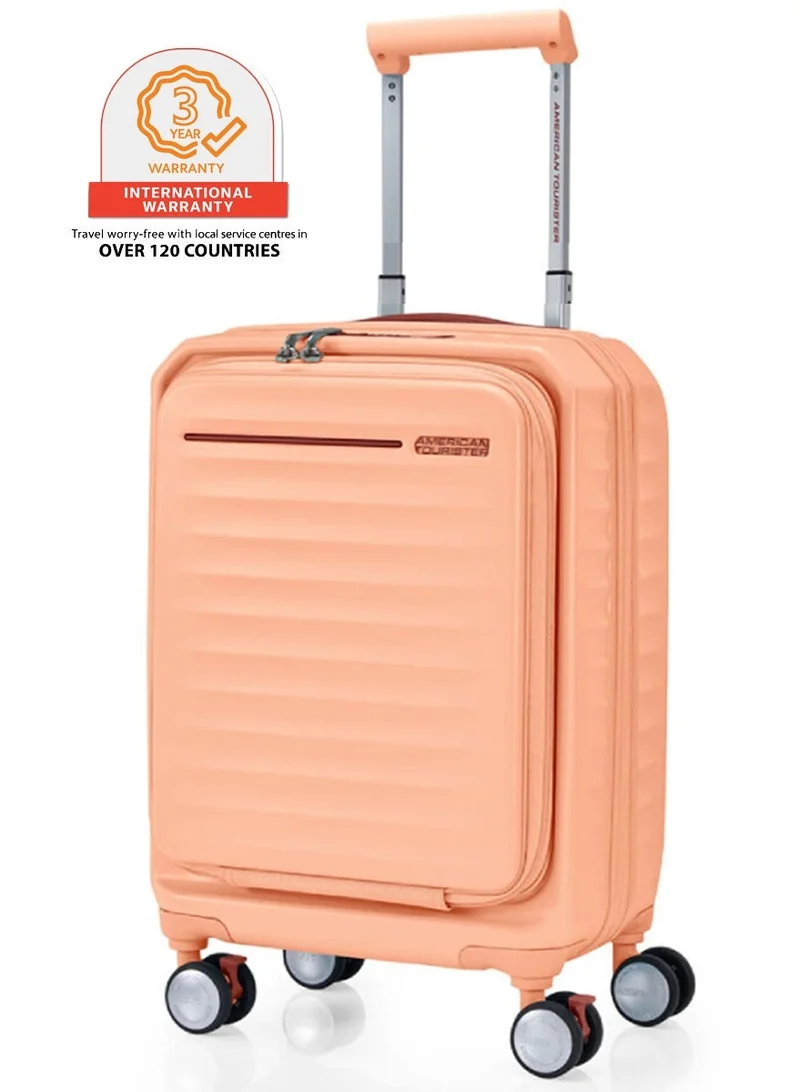 Frontec Suitcase, Cabin Size 54 cm / 20 inch, 4 Spinner Wheels, Hard Top, Polycarbonate, Apricot|Expandable|Book Opening|Front Laptop Compartment|2-in-1 Optimov™ + STEPause™ Shock Absorbing Wheels|TSA 008 Lock|DuoSaf™ Security Zipper|USB Port - 3 Years International Warranty