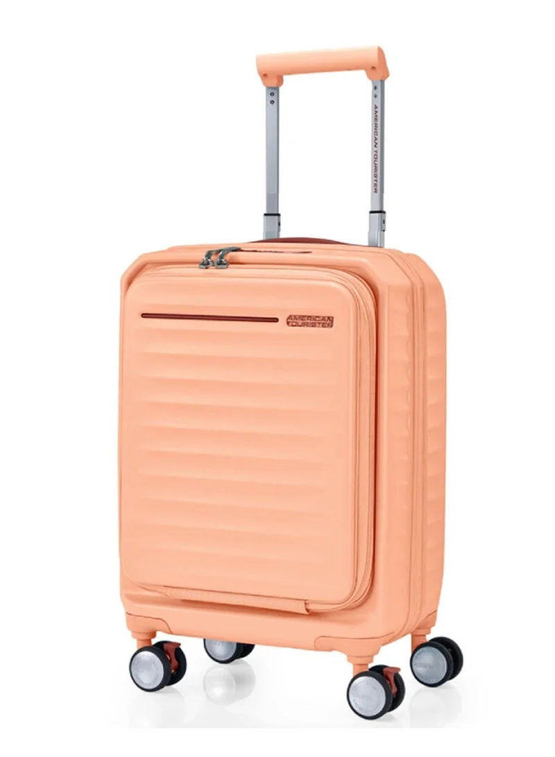 Frontec Suitcase, Cabin Size 54 cm / 20 inch, 4 Spinner Wheels, Hard Top, Polycarbonate, Apricot|Expandable|Book Opening|Front Laptop Compartment|2-in-1 Optimov™ + STEPause™ Shock Absorbing Wheels|TSA 008 Lock|DuoSaf™ Security Zipper|USB Port - 3 Years International Warranty