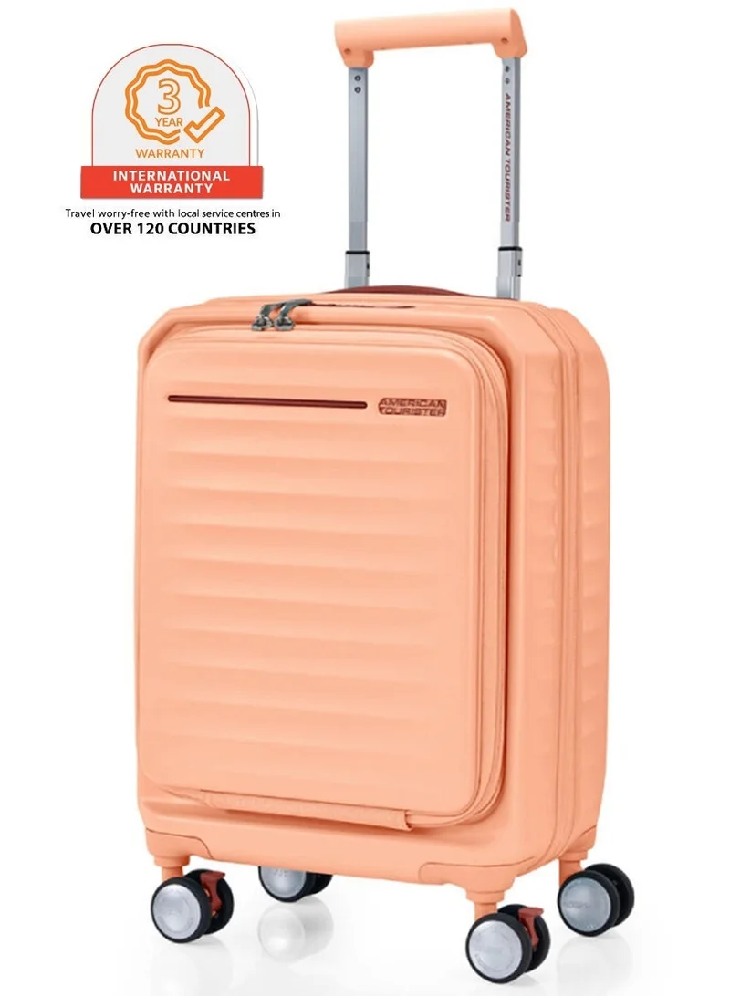 American Tourister Frontec Suitcase, Cabin Size 54 cm / 20 inch, 4 Spinner Wheels, Hard Top, Polycarbonate, Apricot|Expandable|Book Opening|Front Laptop Compartment|2-in-1 Optimov™ + STEPause™ Shock Absorbing Wheels|TSA 008 Lock|DuoSaf™ Security Zipper|USB Port - 3 Years International Warranty