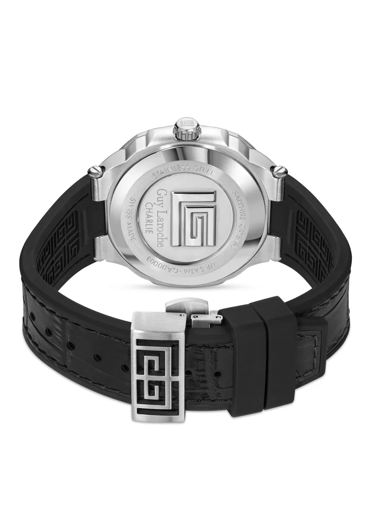 Guy Laroche Charlie Watch for Men with Black Genuine Leather Strap 45 mm 5 Atm