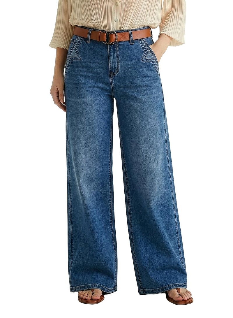 Dokotoo Wide Leg Jeans for Women Trendy Loose Stretchy Straight Wide Leg Casual High Waisted Baggy Jeans Denim Pants Blue Size 12 - Image 1