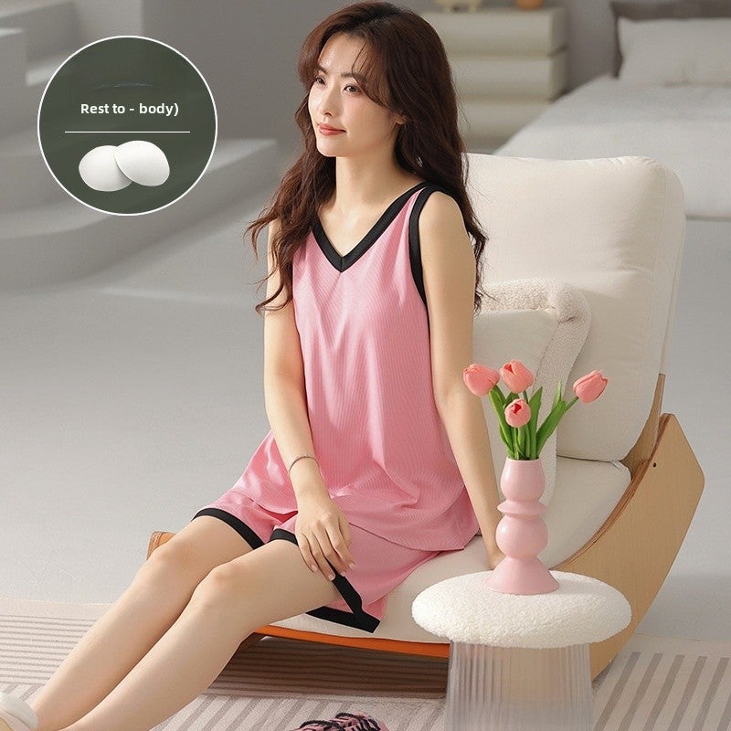 Summer Sleeveless Pajama Set with Built-In Bra Pad Y21078 [integrated chest pad]] 