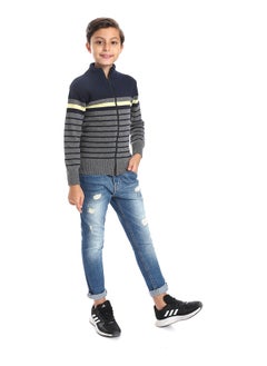 Stripped Navy Blue, Charcoal Grey & Light Yellow Boys Sweater_Multicolour
