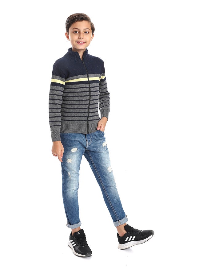 Andora - Stripped Navy Blue, Charcoal Grey & Light Yellow Boys Sweater_Multicolour - Image 1