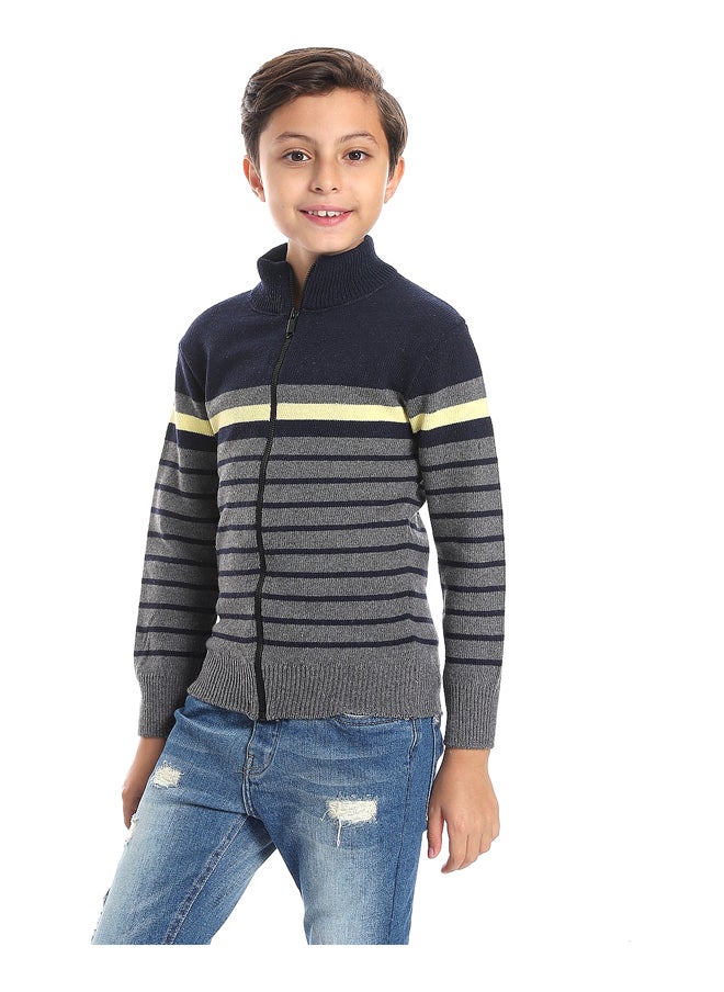 Andora - Stripped Navy Blue, Charcoal Grey & Light Yellow Boys Sweater_Multicolour - Image 1