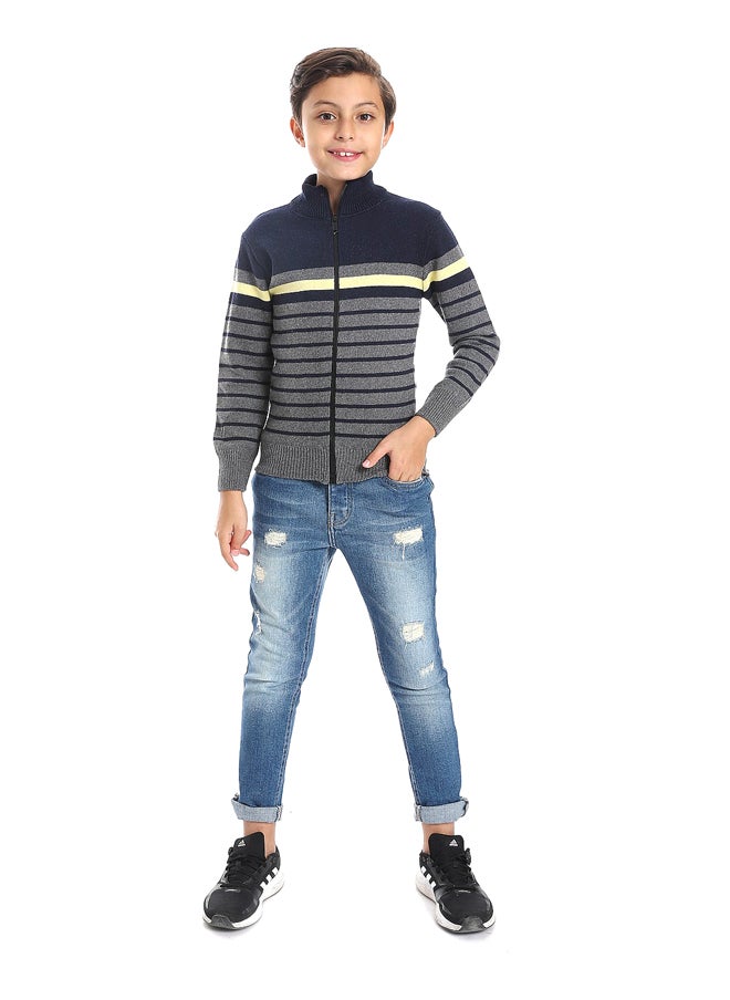 Andora - Stripped Navy Blue, Charcoal Grey & Light Yellow Boys Sweater_Multicolour - Image 1