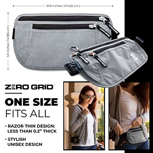 Zero Grid حزام المال للسفر الآمن - حامل جواز سفر رفيع مانع لتقنية RFID - حقيبة خفية للخصر للنقود وبطاقات الائتمان والمستندات - قابلة للاخفاء تحت الملابس، حزام سفر مقاوم للماء للرجال والنساء - Image 3