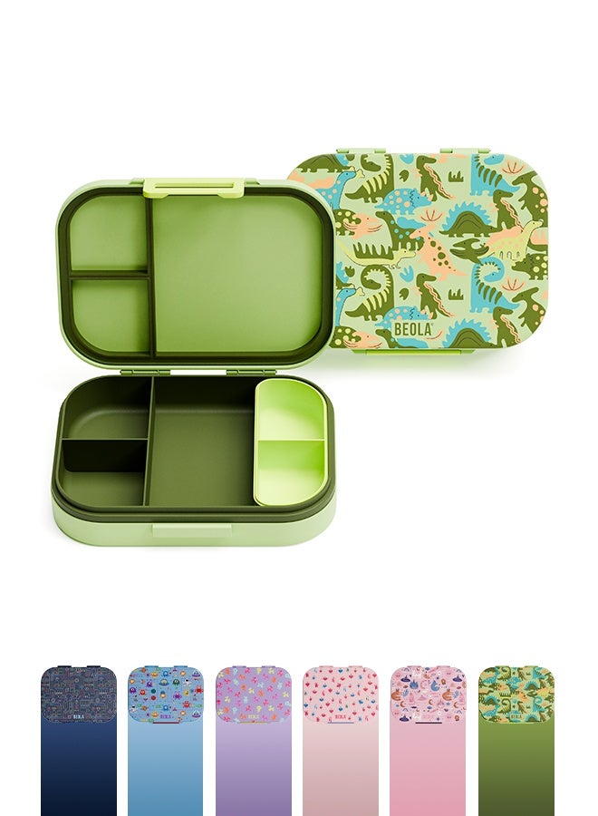 BEOLA Bento Box with 5 Compartments, BPA Free Plastic Lunch Container, Leakproof School Tiffin Lunch Box with Lid, Snack Organizer, Lightweight Food Storage (Dino Dreams) - Image 1