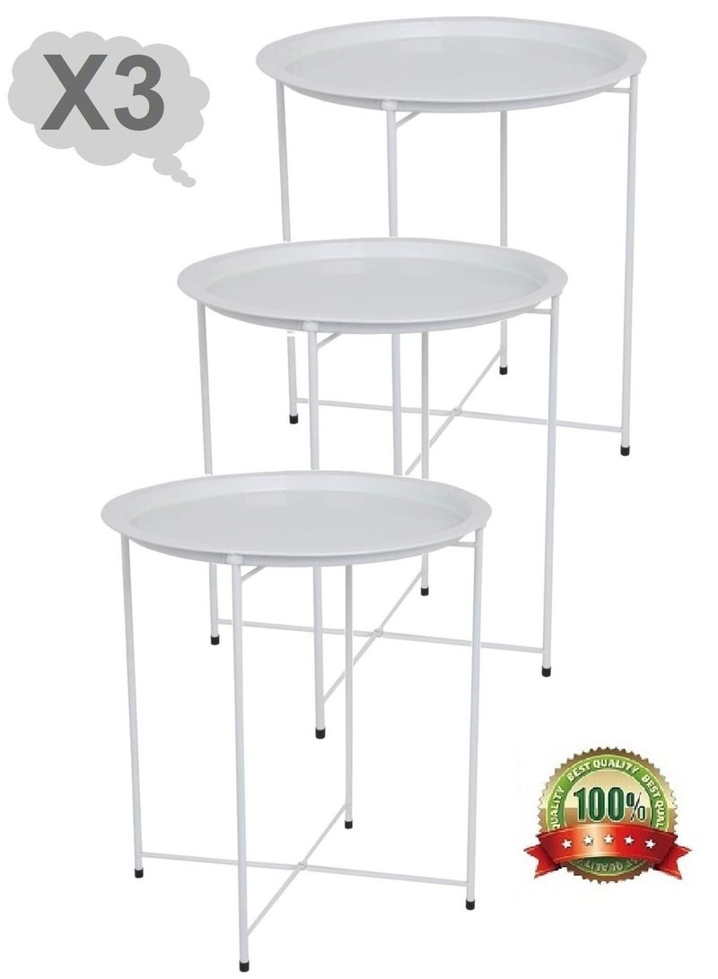 Generic Metal Tray End Table  Round Accent Coffee Side Table Anti-Rust and Waterproof Outdoor Small Side Table, Indoor Modern Sofa Side Table Bedside Table for Living Room Bedroom Balcony White (3 Pieces) - Image 1