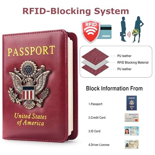 FACATH Passport Holder for Travel Passport Cover for Men Passport Wallet Case With 3D Metal Badge Protector Leather Card Case RFID Blocking Women Travel Accessories Document Organizer (Wine Red) - Image 2