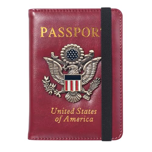 FACATH Passport Holder for Travel Passport Cover for Men Passport Wallet Case With 3D Metal Badge Protector Leather Card Case RFID Blocking Women Travel Accessories Document Organizer (Wine Red) - Image 1