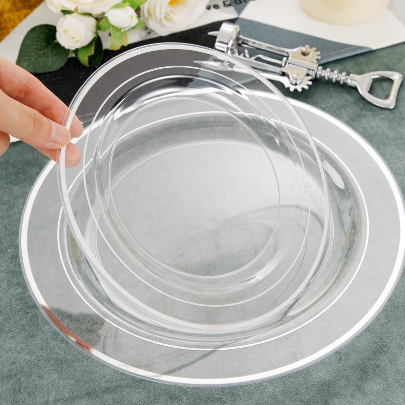 I00000 96 Pieces Clear Silver Plastic Plates  Clear Disposable Plates with Silver Rim Heavy Duty Fancy Wedding Party Plates Include 48 Dinner Plates 10.25"" and 48 Dessert Appetizer Plates 7.5"" - Image 4