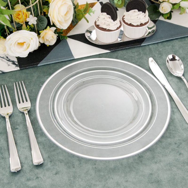 I00000 96 Pieces Clear Silver Plastic Plates  Clear Disposable Plates with Silver Rim Heavy Duty Fancy Wedding Party Plates Include 48 Dinner Plates 10.25"" and 48 Dessert Appetizer Plates 7.5"" - Image 3