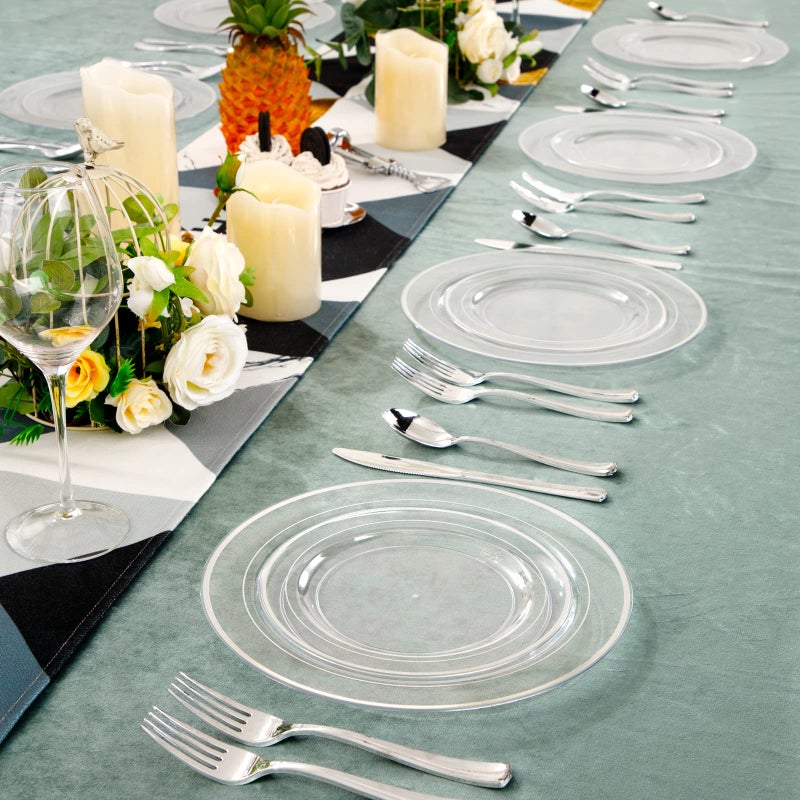 I00000 96 Pieces Clear Silver Plastic Plates  Clear Disposable Plates with Silver Rim Heavy Duty Fancy Wedding Party Plates Include 48 Dinner Plates 10.25"" and 48 Dessert Appetizer Plates 7.5"" - Image 5