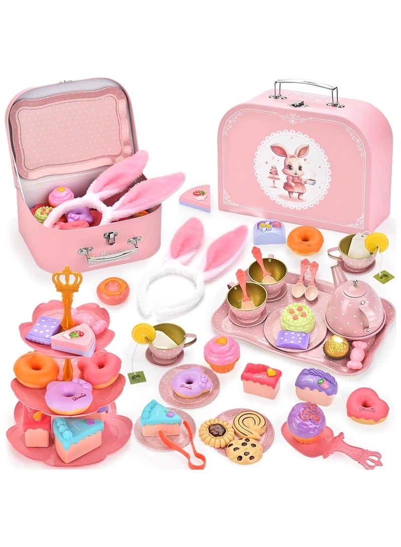 Soofam Kids Tea Party Set for Little Kids & Toddlers, 50Pcs Bunny Kitchen Toy & Pretend Play Set with Teapot, Cups, Plates, Desserts & Case,Princess Birthday Gift, Gift Stuffer for Ages 3-5 (Bunny) - Image 1