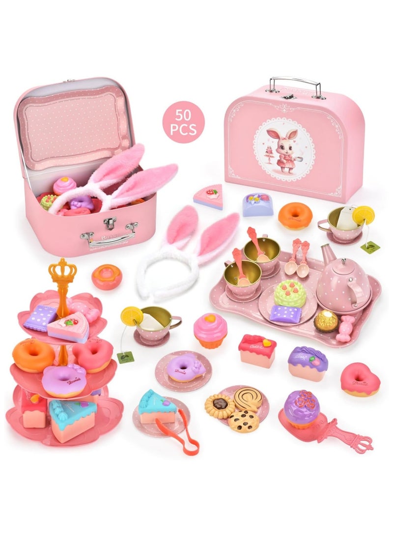 Soofam Kids Tea Party Set for Little Kids & Toddlers, 50Pcs Bunny Kitchen Toy & Pretend Play Set with Teapot, Cups, Plates, Desserts & Case,Princess Birthday Gift, Gift Stuffer for Ages 3-5 (Bunny) - Image 5
