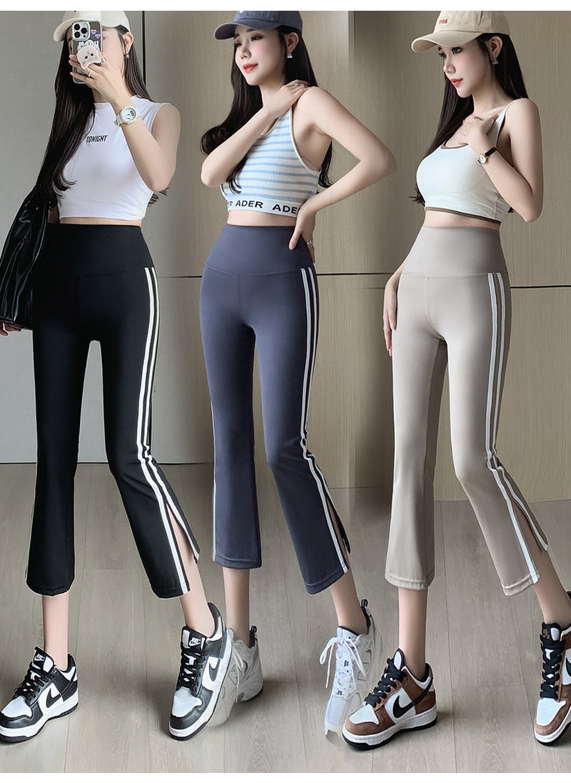 Generic White Edge Shark Bell Bottoms Women Summer Thin Style Small Size Eight Point High Waist Split Micro Yoga Pants Milk Tea  - Image 3