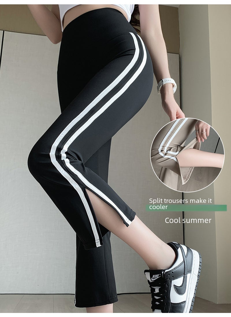 Generic White Edge Shark Bell Bottoms Women Summer Thin Style Small Size Eight Point High Waist Split Micro Yoga Pants Milk Tea  - Image 4