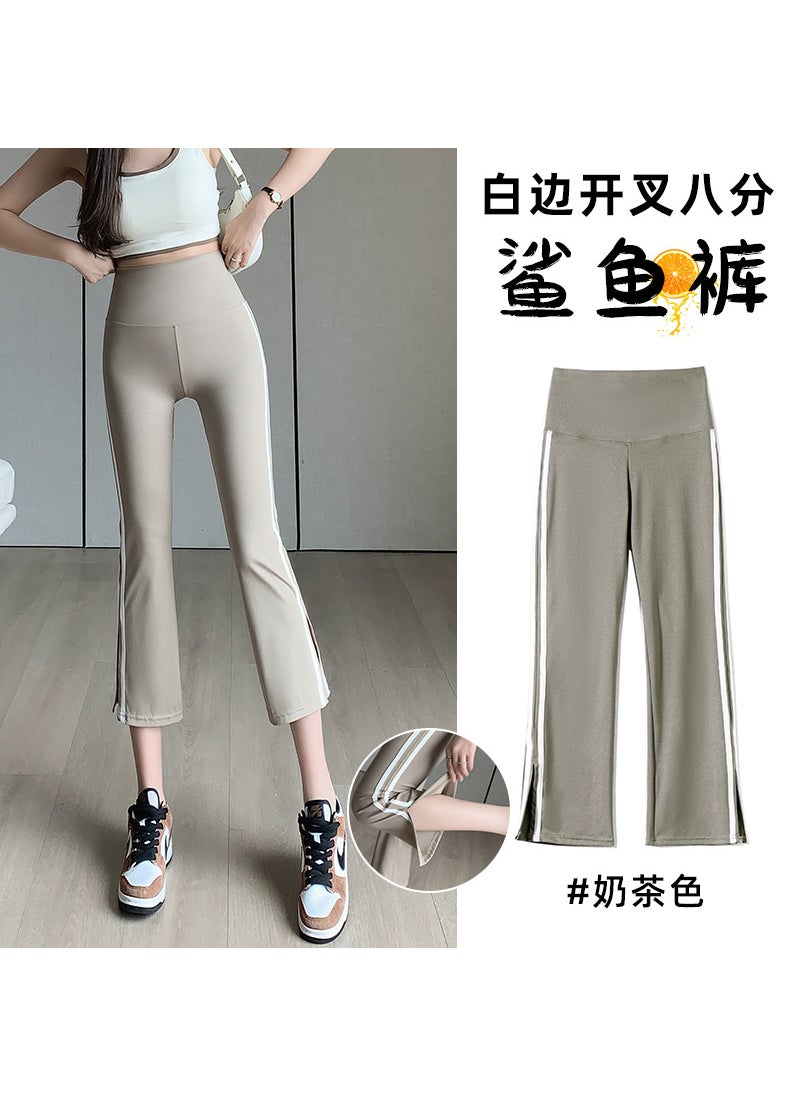 Generic White Edge Shark Bell Bottoms Women Summer Thin Style Small Size Eight Point High Waist Split Micro Yoga Pants Milk Tea  - Image 1