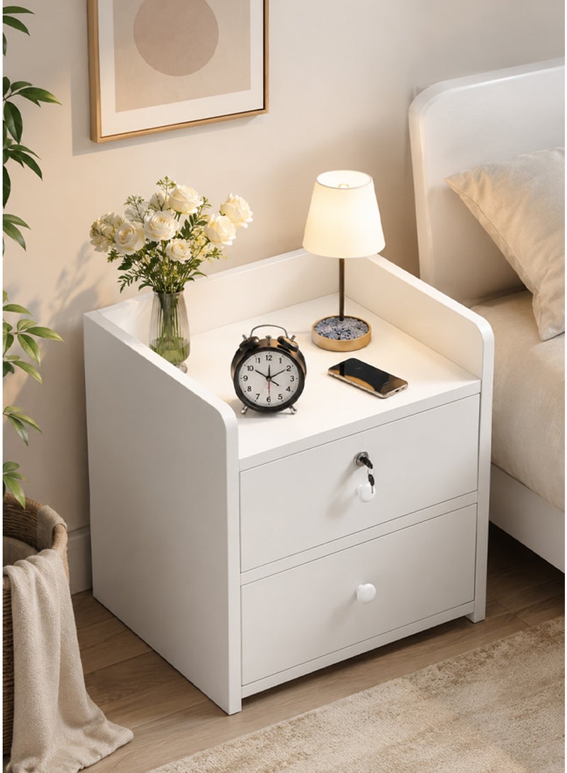 NKX Bedside Table with Locker | 2 Drawer Wooden Nightstand with Storage | White Bedside Cabinet for Bedroom | 40 x 40 x 45 cm - Image 1