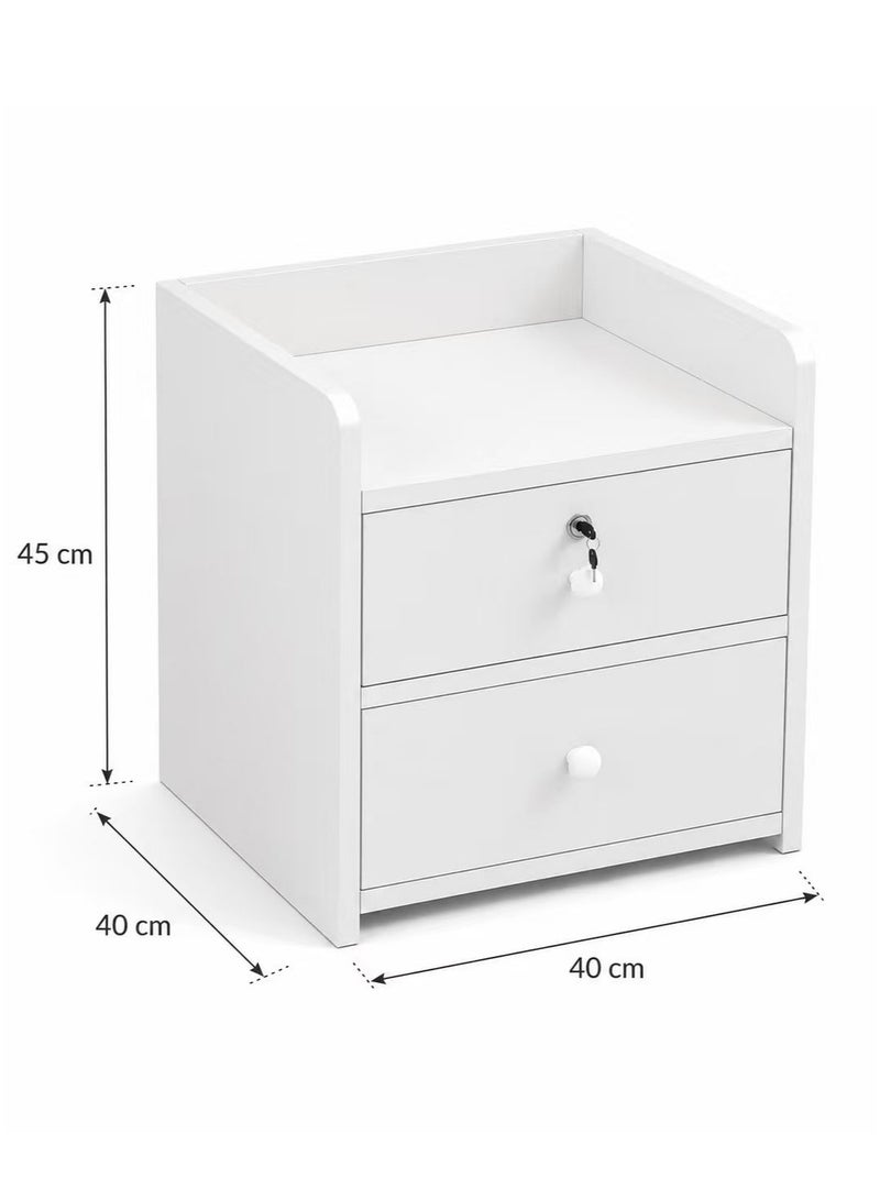 NKX Bedside Table with Locker | 2 Drawer Wooden Nightstand with Storage | White Bedside Cabinet for Bedroom | 40 x 40 x 45 cm - Image 4