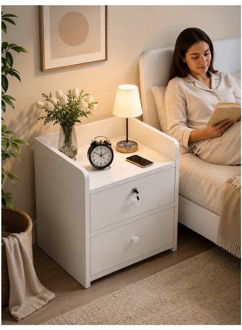 NKX Bedside Table with Locker | 2 Drawer Wooden Nightstand with Storage | White Bedside Cabinet for Bedroom | 40 x 40 x 45 cm - Image 5