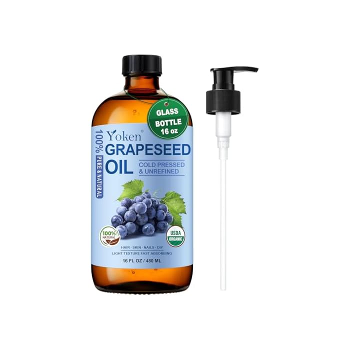 Yoken Organic Grapeseed Oil 16 oz GLASS BOTTLE - USDA 100% Pure & Natural Cold Pressed Grape Seed Carrier Oil for Skin & Hair - Single Ingredient, Hexane Free, Light & Silky Body Moisturizer