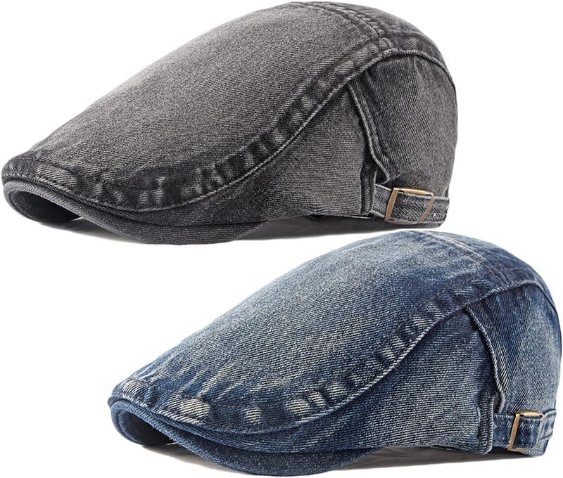 Qunson 2 Pack Mens Denim Cotton Newsboy Cap Ivy Gatsby Driving Hunting Cabbie Hats - Image 1
