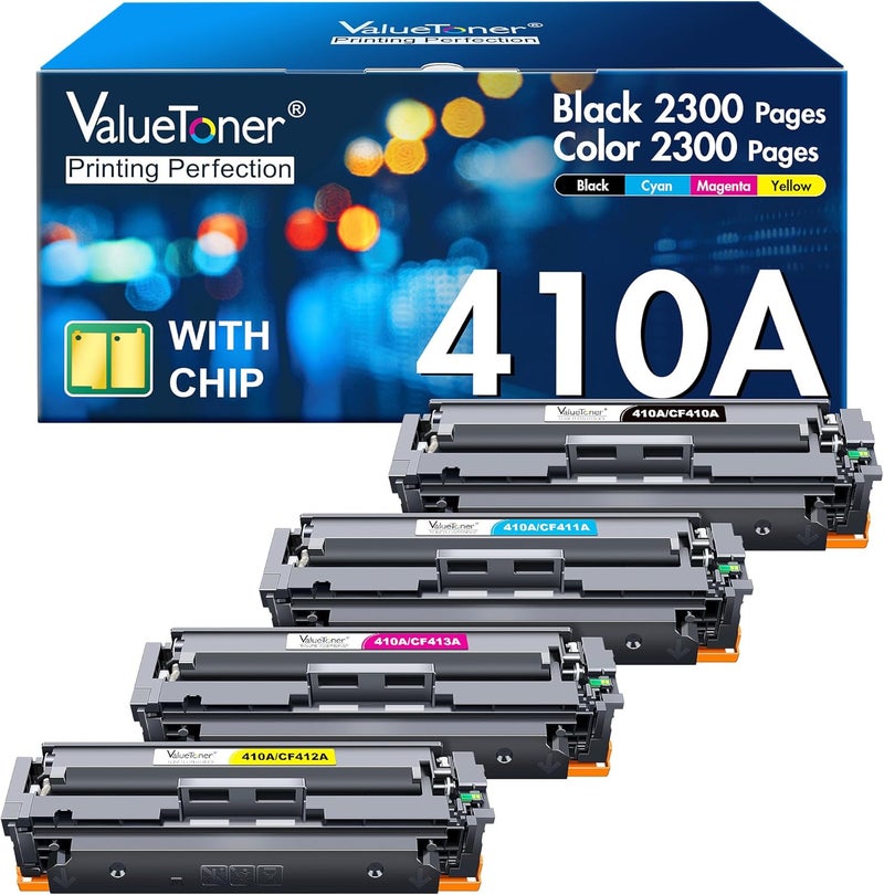 Valuetoner خراطيش حبر متوافقة من بديلة لـ HP 410A 410X CF410A CF411A CF412A CF413A لطابعات Color Pro MFP M477fdw M477fnw M477fdn M452dw M452nw M452dn M377dw (1BK+1C+1M+1Y) شريحة مطورة - Image 1