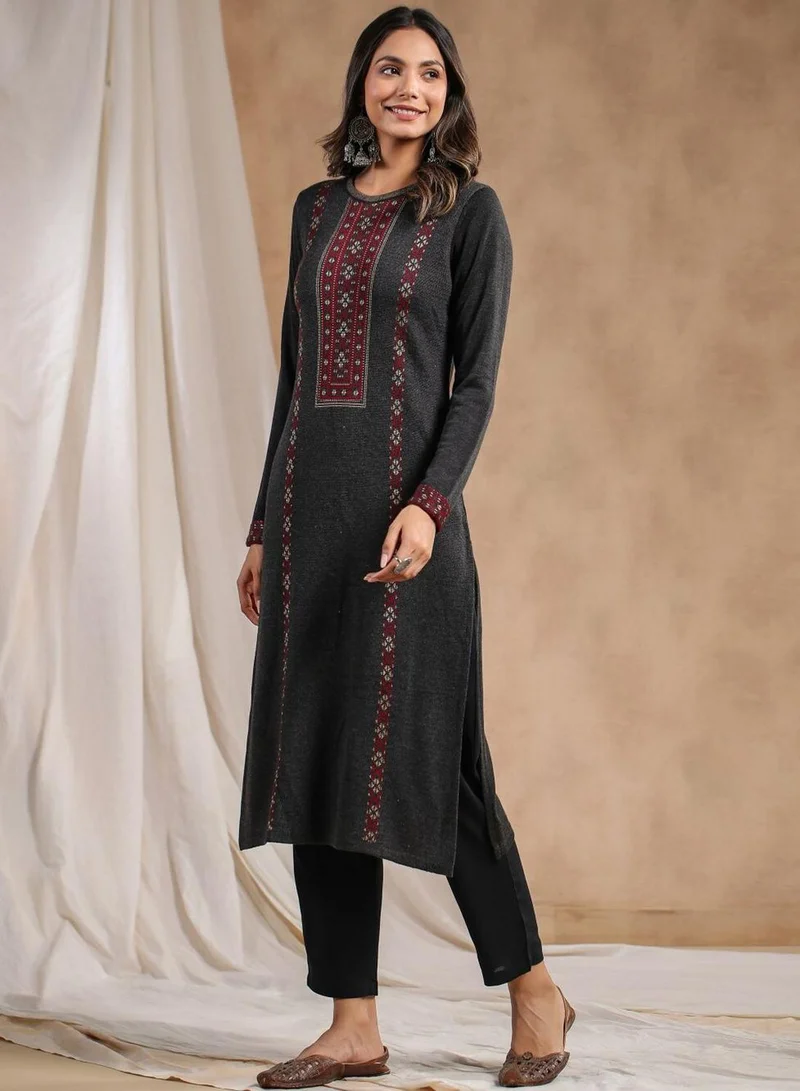 ISHIN Women's Charcoal Polyester Blend Embellished Tunic Straight Fit Kurta