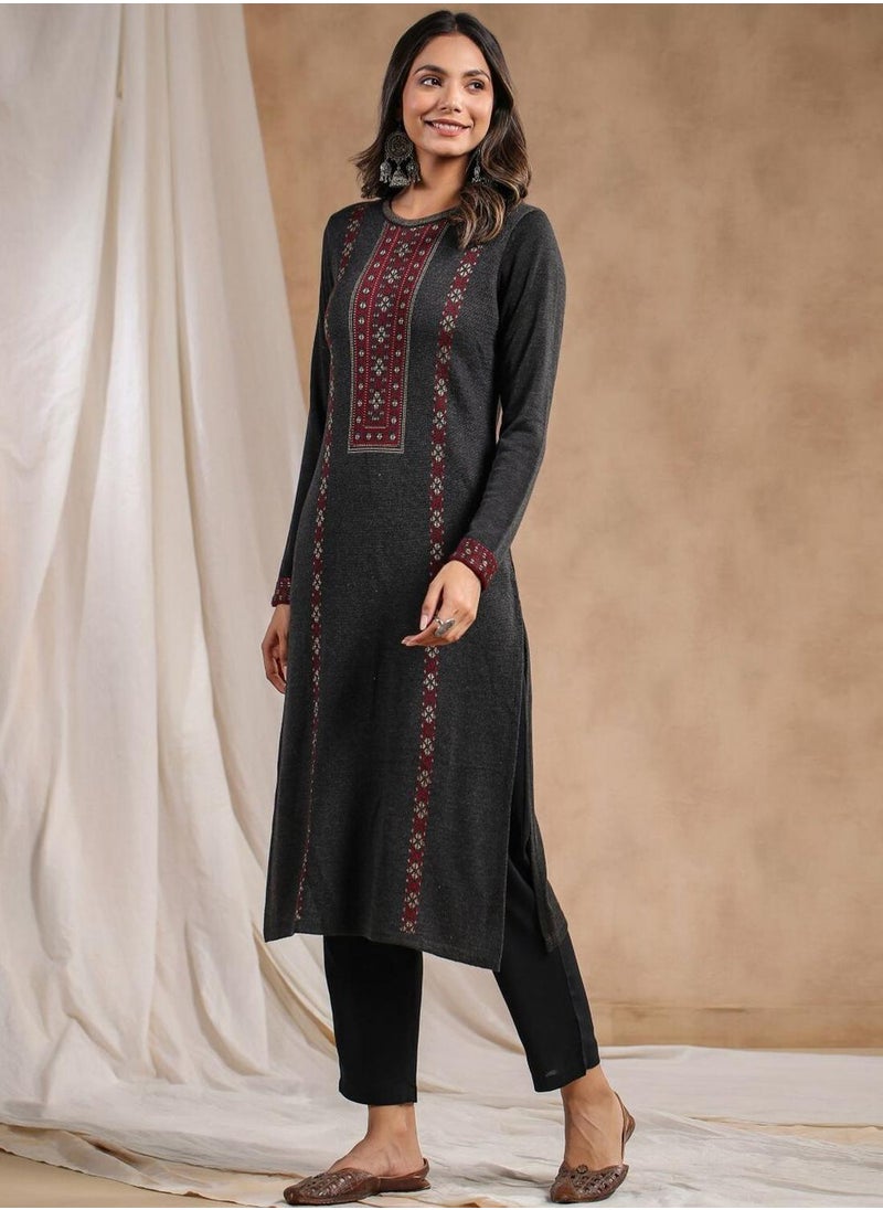 ISHIN Women's Charcoal Polyester Blend Embellished Tunic Straight Fit Kurta  - Image 3