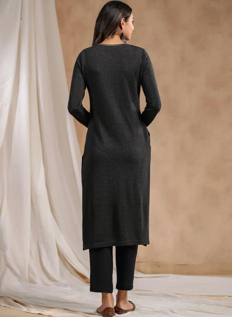ISHIN Women's Charcoal Polyester Blend Embellished Tunic Straight Fit Kurta