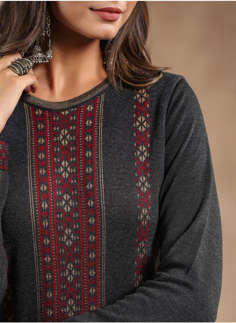 ISHIN Women's Charcoal Polyester Blend Embellished Tunic Straight Fit Kurta  - Image 2
