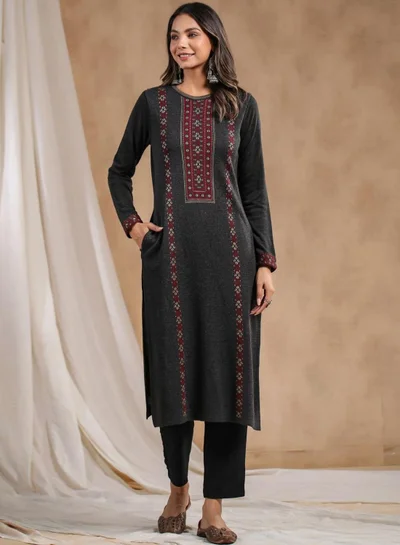ISHIN Women's Charcoal Polyester Blend Embellished Tunic Straight Fit Kurta