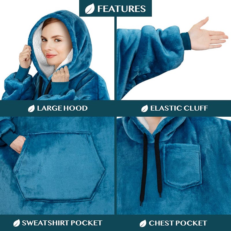 PAVILIA PAVILIA Blanket Hoodie for Women Teal  Sherpa Wearable Blanket Men  Cozy Oversized Sweatshirt Blanket  Warm Fleece Hooded Blanket Sweater with Sleeves and Giant Pocket  Teal Blue - Image 3